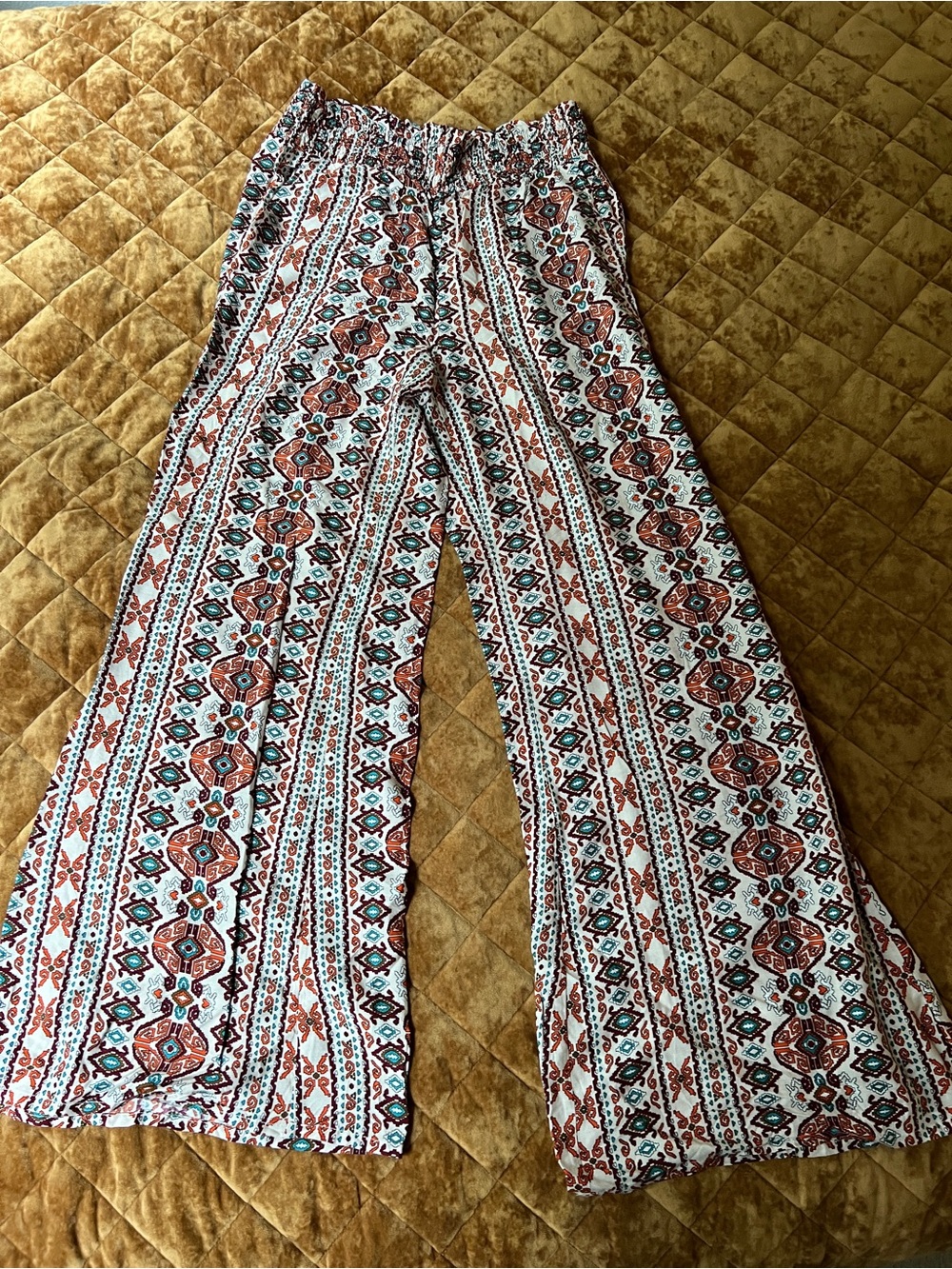 SHEIN White Wide-Leg Palazzo Pants with Rust & Aqua Print size M